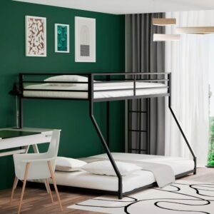 Full Size Metal Bunk Beds Frame with Stairs & Full-Length Guardrail for Bedroom, Space-Saving, No Box Spring Needed, Firm, Stable, Easy to Climb, Black