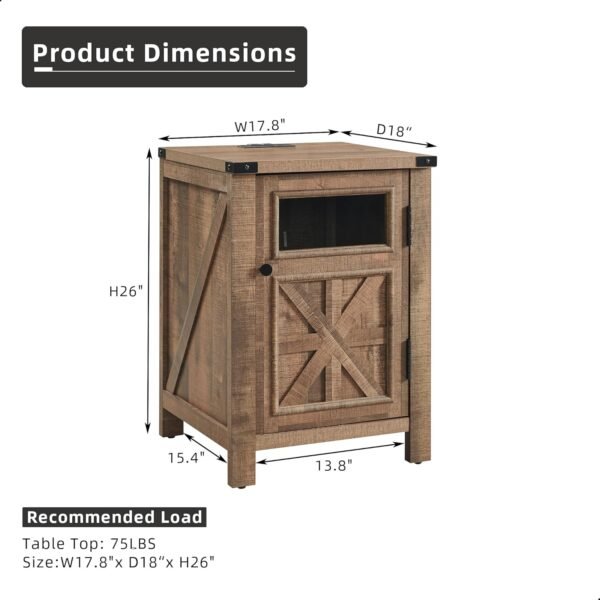 JXQTLINGMU Farmhouse End Table with Charging Station, 18'' Rustic Nightstand with Barn Door & Adjustable Shelf, Wooden Sofa Side Table with 3-Tier Storage for Living Room, Bedroom, Light Brown - Image 2