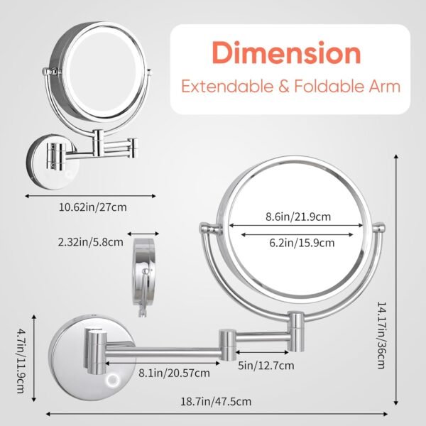 GURUN Wall Mounted Hardwired Makeup Mirror with 3 Tones Dimmable LED Lights 10x Magnifying Mirror with Touch Control for Bathroom Bedroom 13" Extendable Arm Direct Wire M1809D-T(10x,Chrome) - Image 6