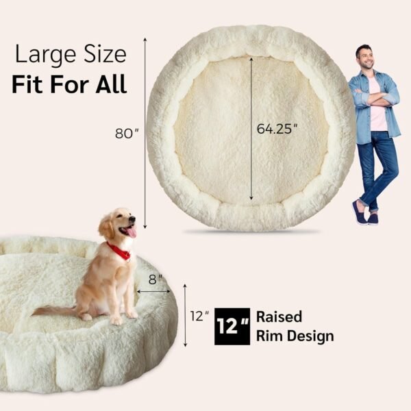 BYBYME Fluffy Soft Bean Bag Bed, Human Round Cloudy Dog Bed, Extra Wider Full Floor Mattress with Long Faux Fur Cover, Beige, 80x80 Inch - Image 2