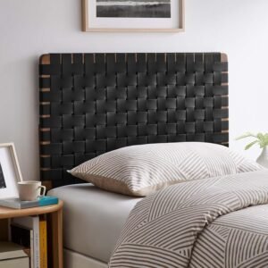 Modway Sparta Vegan Leather Weave Twin Headboard in Walnut Black Faux Leather Twin Headboard Only, Height Adjustable Headboard, Freestanding Headboard for Children’s Bedroom or College Dorm
