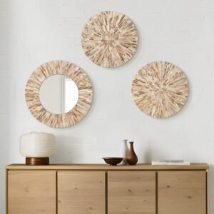 TEIPAI Boho Decorative Mirror for Living Room, 3PCS Handcrafted Mother of Pearl Mirror Wall Decor for Home Dorm Apartment Hallway Staircase, Mosaic Art Plates for Wedding Decoration (Dark Brown)