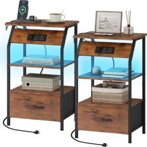JAXPETY Nightstands Set of 2, Night Stand with Drawer Open Shelf and Charging Station, Storage End Table with 26 Colors LED Light Strip, Bedside Table for Bedroom Living Room Sofa, Rustic Brown