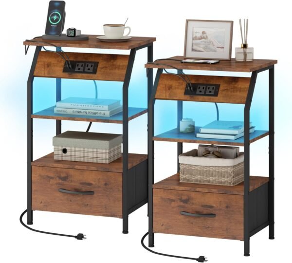 JAXPETY Nightstands Set of 2, Night Stand with Drawer Open Shelf and Charging Station, Storage End Table with 26 Colors LED Light Strip, Bedside Table for Bedroom Living Room Sofa, Rustic Brown