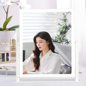 Vanity Mirror with Lights Smart Makeup Mirror for Desk Large LED Lighted Mirror Touch Screen with 3-Color Lighting Dimmable Make Up Mirror for Bedroom Tabletop 360° Rotation 15.75x13in White