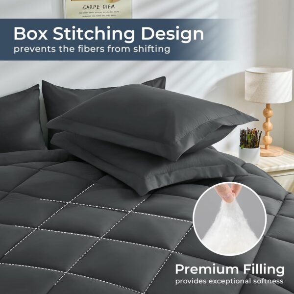 HEVUMYI 7 Pieces Queen Comforter Set, All Season Reversible Bed in a Bag Queen, Ultra Soft Queen Bedding Set with Grey Comforter, Flat Sheet, Fitted Sheet, Pillowcases, Pillow Shams, Dark Grey - Image 5