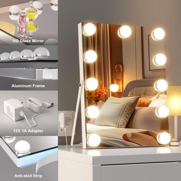 Hasipu Vanity Mirror with Lights, 11" x 14" Hollywood Mirror, Makeup Mirror with 11 Dimmable Bulbs, 3 Colors Modes, Touch Control, 360° Rotation, White - Image 7