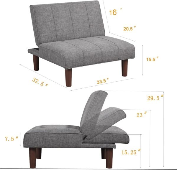 Small Futon Couch, Mini Sofa Couch, Recliner Small Futon, Armless Comfy Living Room Chairs with Adjustable Backrest, Futon Chair for Small Space, Office, Reception, Dark Grey, 1 Pack, 305DR1 - Image 3
