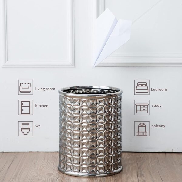 Round Silver Trash Can, Small Wastebasket, Garbage Receptacle Bin for Bathrooms, Powder Rooms, Kitchens, Home Offices - Durable Ceramics - Image 2