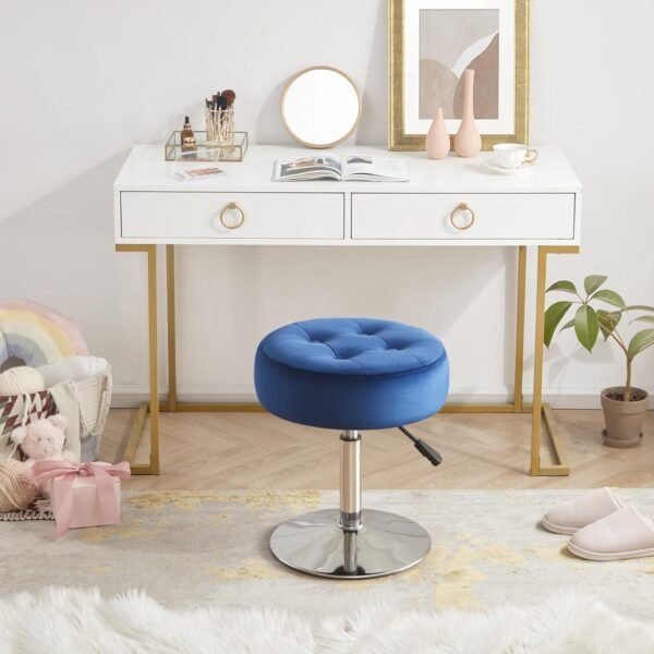 Blue Vanity Chair for Makeup Room Vanity Stool for Makeup Room Round Velvet Tufted Makeup Chair Vanity Stools for Bathroom Height Adjustable 360 Swivel - Image 4