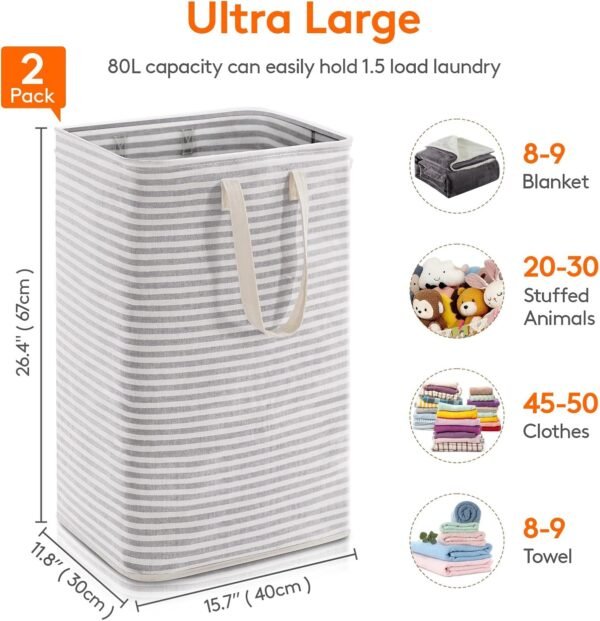 Lifewit 2 Pack Laundry Hamper Large Collapsible Laundry Baskets, Freestanding Waterproof Clothes Hamper with Easy Carry Handles in Laundry Room Bedroom Bathroom College Dorm for Adults, Grey, 2 x 80L - Image 4
