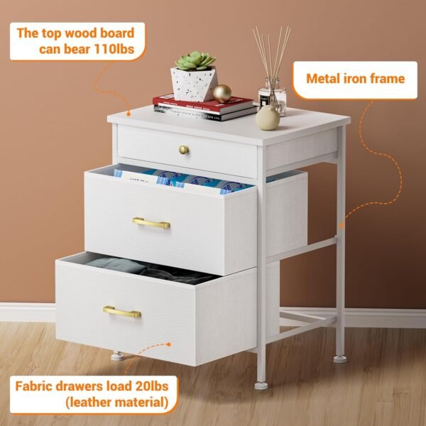 Nightstand with 3 Drawers, Night Stand Dresser for Bedroom, Small Dresser with Fabric Bins, Leather Finish, Modern Bedside Table End Side Table for Living Room, Dorm, Closet, Nursery, White - Image 3