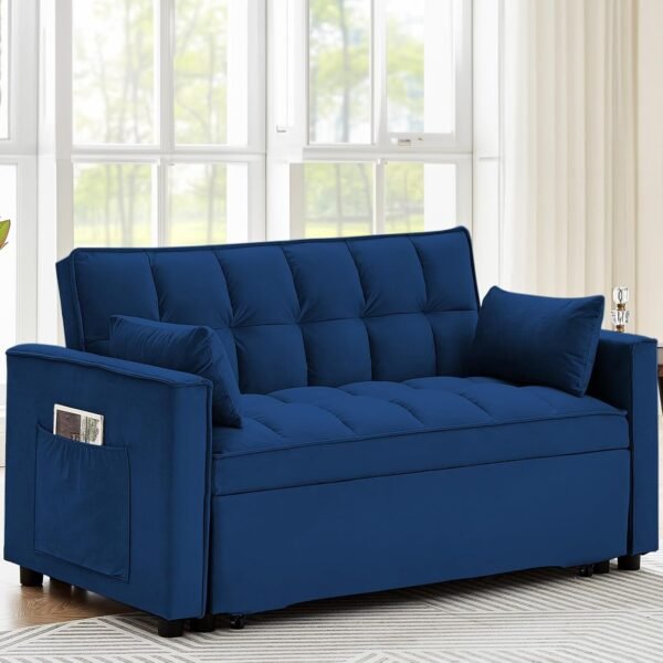 Sleeper Sofa Bed,3 in 1 Convertible Futon Sofa Couch Pull Out Bed,Love Seat Lounge Sofa with RecliningBackrest,Furniture Sleeper Chair for Living Room (Blue) - Image 2