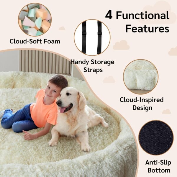 BYBYME Fluffy Soft Bean Bag Bed, Human Round Cloudy Dog Bed, Extra Wider Full Floor Mattress with Long Faux Fur Cover, Beige, 80x80 Inch - Image 6