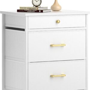 Nightstand with 3 Drawers, Night Stand Dresser for Bedroom, Small Dresser with Fabric Bins, Leather Finish, Modern Bedside Table End Side Table for Living Room, Dorm, Closet, Nursery, White