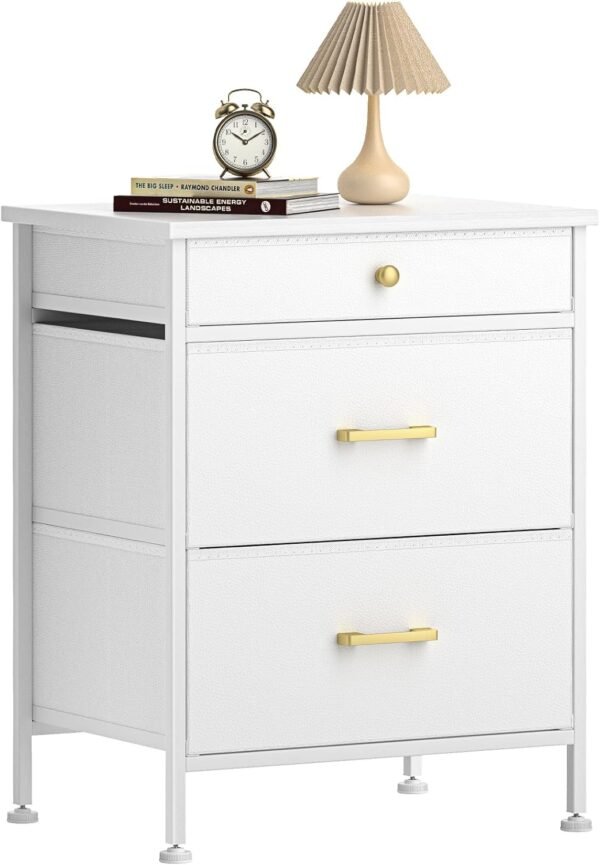 Nightstand with 3 Drawers, Night Stand Dresser for Bedroom, Small Dresser with Fabric Bins, Leather Finish, Modern Bedside Table End Side Table for Living Room, Dorm, Closet, Nursery, White