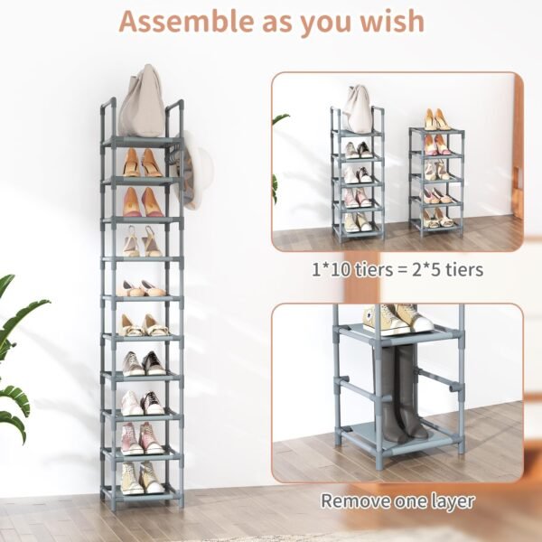 Narrow Shoe Rack 10-Tier Tall Shoe Organizer Skinny Shoe Shelf Storage for 10-15 Pairs Shoe and Boot, Space Saving Corner Shoe Rack Organizer for Closet, Entryway, Living Room, Grey - Image 5