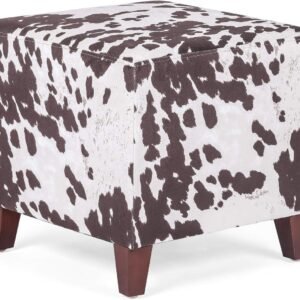 Asense Footrest Ottoman Linen Fabric Upholstered Square Footstool with Wooden Legs, Cow Brown