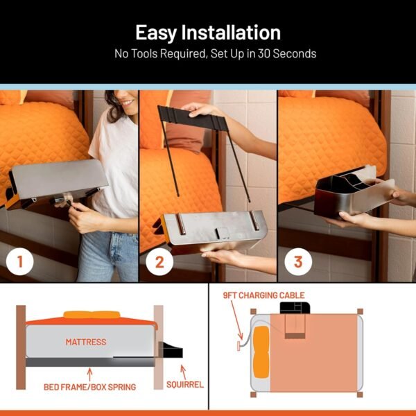 Squirrel-Bedside Perch for College Dorm Bunk Bed, Floating Organizer with USB-C & A Charging Ports, Small Spaces, Bedside Caddy & Nightstand,Dorm Room Decor, Modern designer dorms, Grey - Image 2