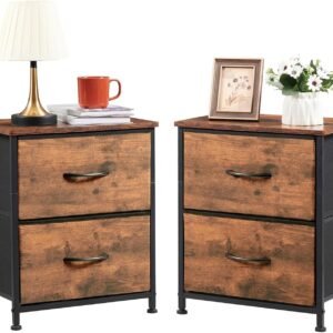 Somdot Nightstand Set of 2, Small Dresser for Bedroom with 2 Drawers, Bedside Table Night Stand End Table with Fabric Bins for Bedroom Nursery Closet Dorm Living Room, Wood Grain Print