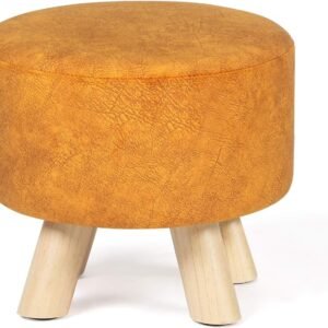 Round Ottoman Fabric Foot Rest Stool Non-Skid Wooden Legs (Orange)