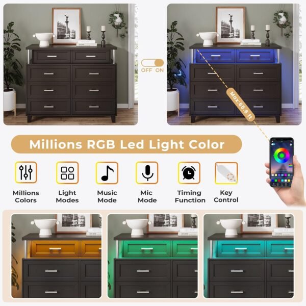AOGLLATI Dresser for Bedroom with Column Design, Black Dresser with Cladding Process Design, 8 Drawer Short Modern Wide Bedroom LED Dresser for Bedroom - Image 3