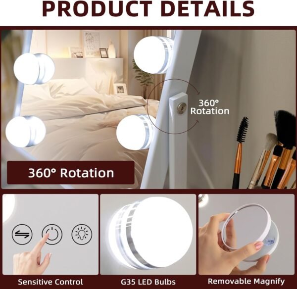 VANITII Vanity Mirror with Lights Hollywood Lighted Makeup Mirror with 9 Dimmable Bulbs Smart Touch Control 3 Colors Light for Bedroom, Detachable 10X Magnification, 360°Rotation - Image 2