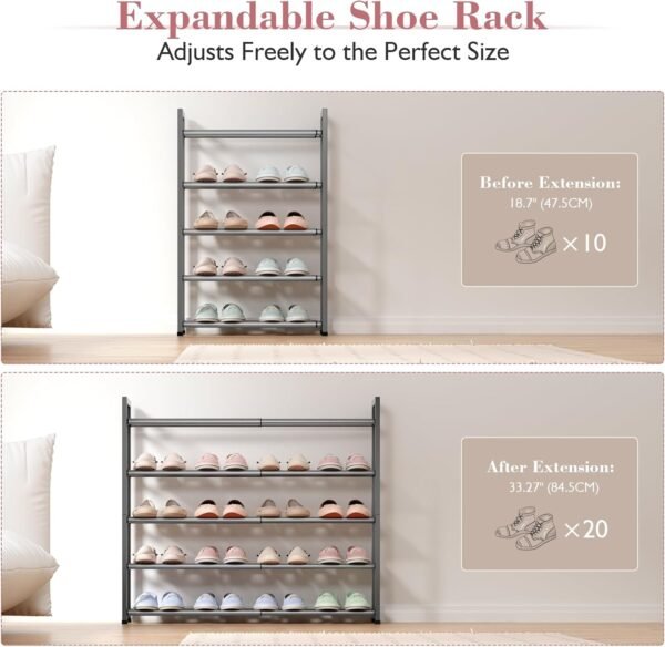 5-Tier Expandable Shoe Rack for Closet, 18“-33” Adjustable Shoe Rack for Small Space, Small Shoe Organizer for Front Door, Sturdy Metal (Grey) - Image 5