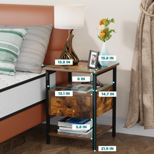 PayLessHere Nightstand End Table Bedside Table with 1 Drawer Bedside Furniture with Charging Station and 2 USB Ports Power Outlets for Living Room Bedroom College Dorm (2, Brown, 15 * 15 * 22) - Image 8