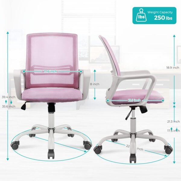 Office Chair, Desk Chair Ergonomic Pink Office Chair Computer, Home Desk Chairs with Wheels Desk Chair, Mid Back Mesh Office Chair Rolling Swivel Chair with Lumbar Support Armrests - Image 3