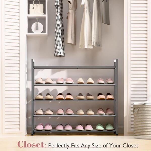 5-Tier Expandable Shoe Rack for Closet, 18“-33” Adjustable Shoe Rack for Small Space, Small Shoe Organizer for Front Door, Sturdy Metal (Grey) - Image 2