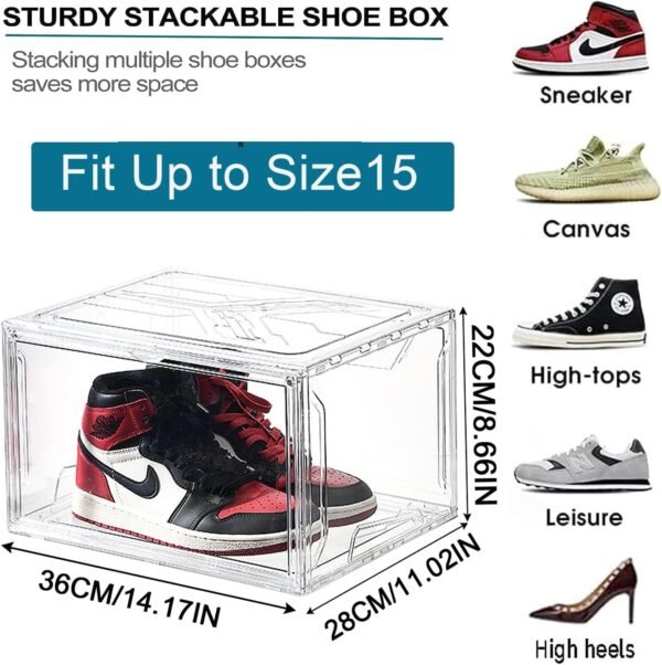 Shoe Boxes, Clear Acrylic Plastic Shoe Boxes Stackable, Space-Saving Foldable Drop Front Shoe Storage Boxes Container for With Lids Fits Up to Size 15 (Clear) - Image 2