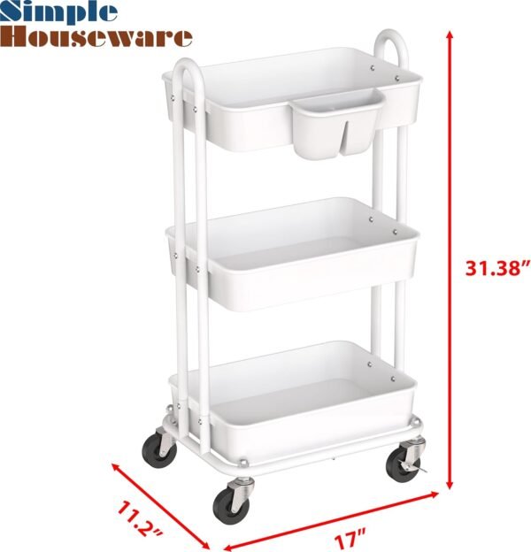 Simple Houseware 3-Tier Kitchen Multifunctional Rolling Utility Cart with Hanging Bucket, White - Image 6