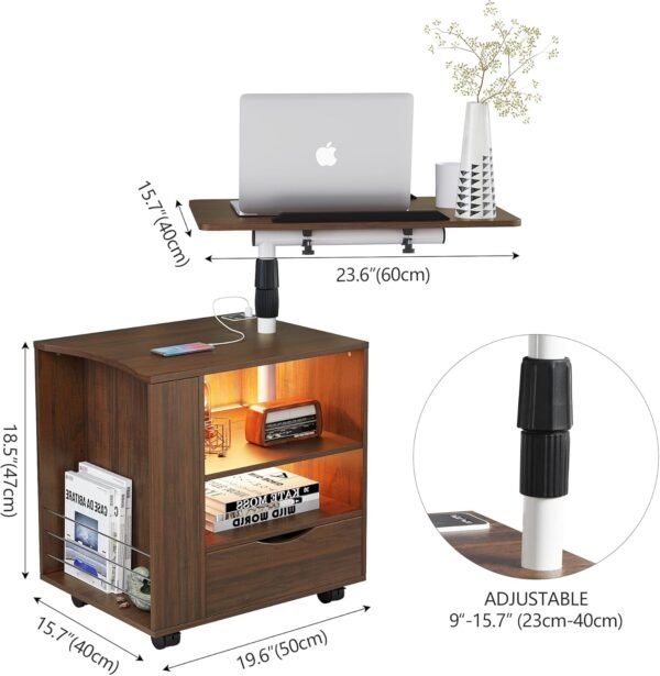 dnbss LED Nightstand with Charger Station, Swivel Top Bedside Table with Wheels, Smart Night Stand with Laptop Table Workstation for Bedroom, Modern End Side Table (Brown) - Image 2