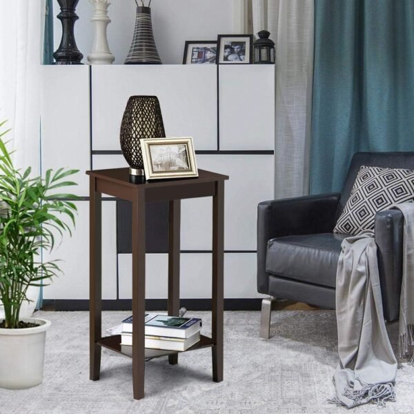 Topeakmart 2-Tier Tall End Table with Storage Shelf and Solid Wood Legs, Sofa Side Table Telephone Table for Living Room/Couch/Hallway/Small Spaces, D12xW15xH29 Inches, Dark Coffee - Image 6