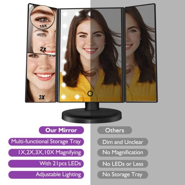 Makeup Mirror Vanity Mirror with Lights, Lighted Makeup Mirror with 1X 2X 3X 10X Magnifying, Touch Control Design, Dual Power Supply, Portable LED Makeup Mirror, Women Gift (Black+10X) - Image 4