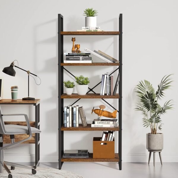YITAHOME 5 Tiers Bookshelf, Artsy Modern Bookcase, Book Rack, Storage Rack Shelves Books Holder Organizer for Books/Movies in Living Room/Home/Office - Rustic Brown (FTOFBC-0016) - Image 5