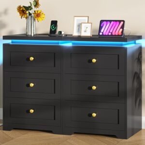 VIAGDO Black Night Stand Set 2 with Charging Station, Nightstand Set of 2 with 3 Storage Drawers, Modern LED Nightstands with Lights, Large Bedside Tables with USB Ports and Outlets for Bedroom, Dorm
