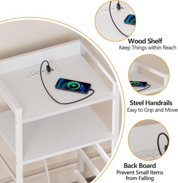 Furnulem White Nightstand with Charging Station, Night Stand Side Table with Led Light, Tall Dresser for Bedroom with 4 Fabric Storage Drawers, Metal Frame, Wood Shelf(White) - Image 6