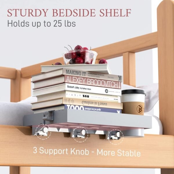 SOLEJAZZ Bedside Shelf for Bed, Foldable Bunk Bed Shelf Clip On Nightstand Tray College Dorm Room Essential Table Caddy with Cup Holder for Top Bunk Organizer Bedroom, Normal Size, Grey - Image 5