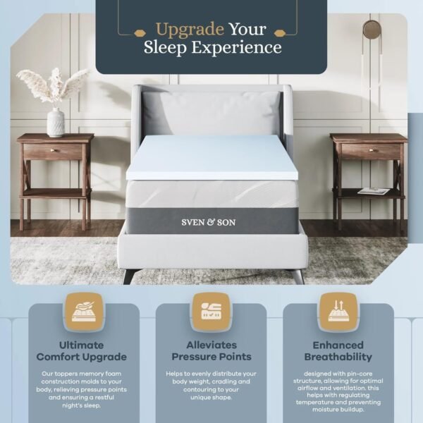 Sven & Son Memory Foam Mattress Topper, Luxury Cool Gel Infused, 2 inch Medium Soft - TwinXL - Image 3