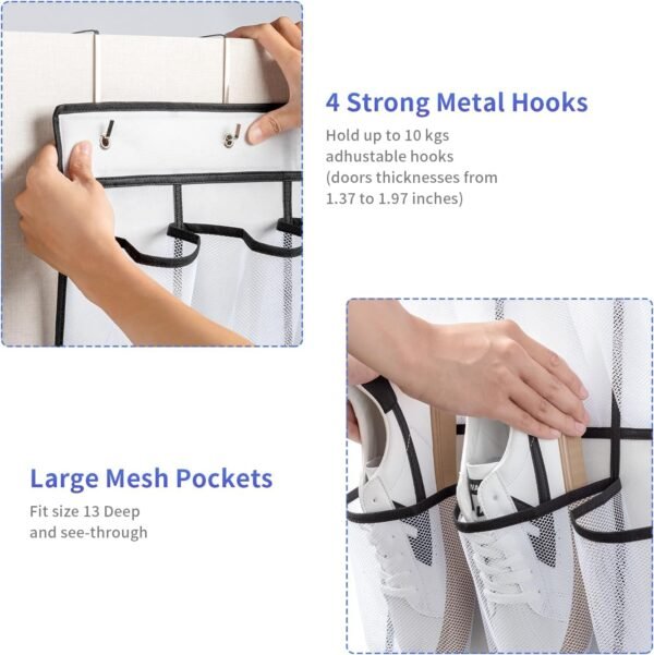 35 Pockets Over the Door Shoe Organizer, Hanging Shoe Organizer for Door with 35 Mesh Pockets Large Capacity Shoe Hanging Storage Bag with 4 Metal Hooks (White-1Pack) - Image 4