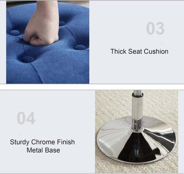Blue Vanity Chair for Makeup Room Vanity Stool for Makeup Room Round Velvet Tufted Makeup Chair Vanity Stools for Bathroom Height Adjustable 360 Swivel - Image 6
