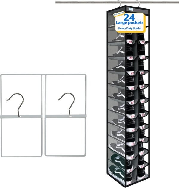 hanging shoe organizer, 24 Section,shoe organizer,Ample Storage Space,college dorm essentials for girls,Heavy duty rack Up to 45 Pounds,closet organizers and storage,closet organizer,Grey/Black