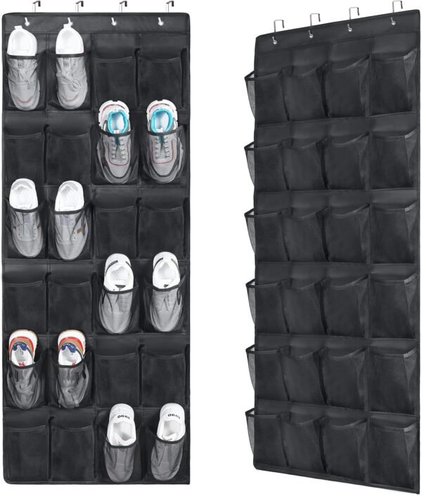 2 Pack Over The Door Shoes Organizers, Behind Door Shoes Hang Holder Rack with 48 Mesh Large Pockets, Clear Fabric Shoes Hanger Storage Organizer Bag for Bedroom,Pantry,Dorm,Black