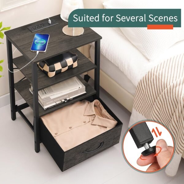 Yoobure Grey Night Stand with Charging Station, LED Nightstand for Bedroom, Bedside Tables with Adjustable Fabric Drawer, 3-Tier End Table Living Room, Small Side Table with Storage - Image 7