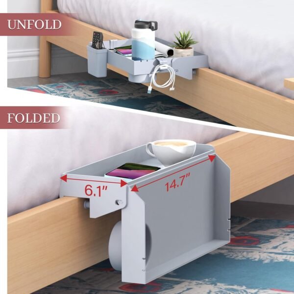 SOLEJAZZ Bedside Shelf for Bed, Foldable Bunk Bed Shelf Clip On Nightstand Tray College Dorm Room Essential Table Caddy with Cup Holder for Top Bunk Organizer Bedroom, Normal Size, Grey - Image 4