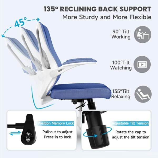 Ergonomic Office Chair with Wheels, Desk Chairs with Flip-Up Arms and Lumbar Support, Computer Mesh Office Chairs with Tilt Function, Desk Chair Comfy for Study and Work, Blue - Image 6