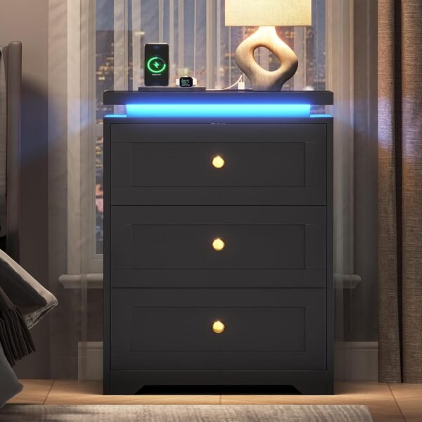 VIAGDO Black Night Stand Set 2 with Charging Station, Nightstand Set of 2 with 3 Storage Drawers, Modern LED Nightstands with Lights, Large Bedside Tables with USB Ports and Outlets for Bedroom, Dorm - Image 7