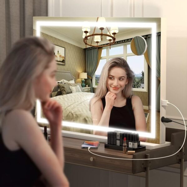 Hasipu Vanity Mirror with Lights, 23" x 18" LED Makeup Mirror, Lighted Makeup Mirror with Dimmable 3 Modes, Touch Screen Control Vanity Mirror Square White - Image 5